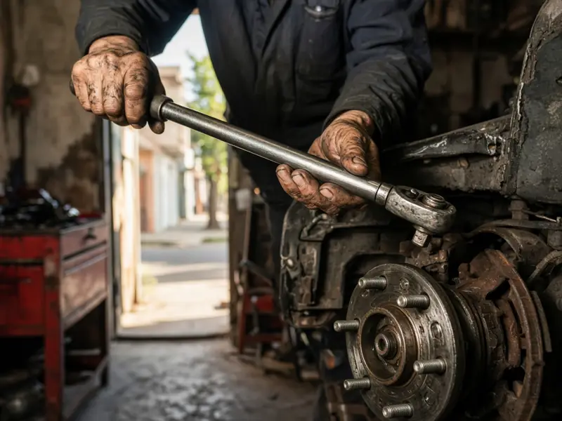 Mecánico ajustando una rueda con llave de torque
